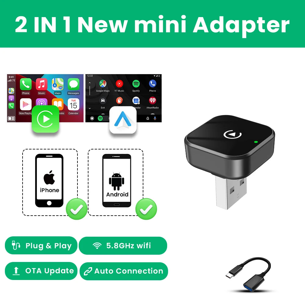 2026 2in 1 Wireless CarPlay Dongle Wireless Android Auto Adapter AI Smart Box 5Ghz WiFi Type-C/USB Plug and Play Car accessories