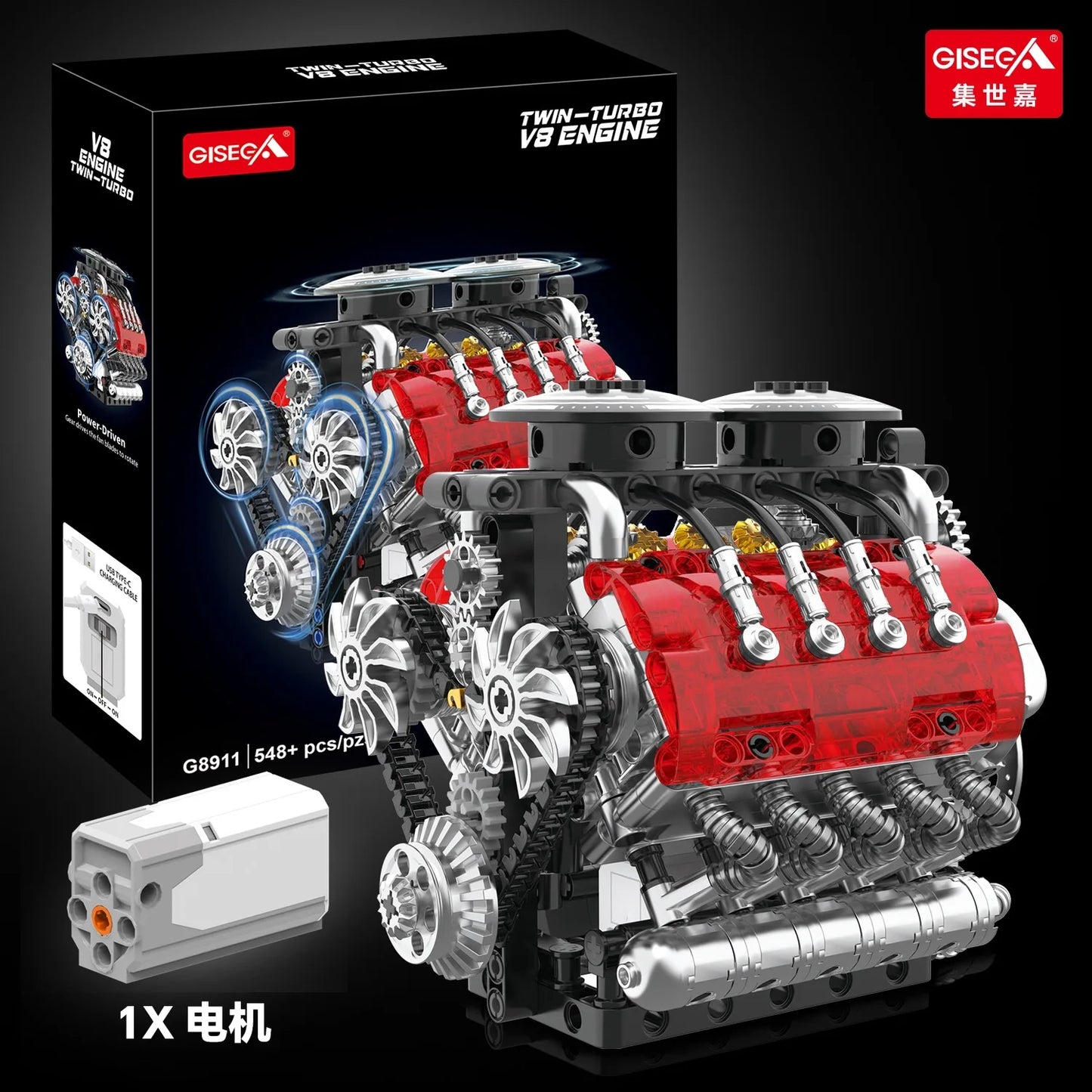 V8 Motorized Engine Building Block Assembly Model, Simulated Mechanical Craft Ornament, Creative Desktop Collectible Present