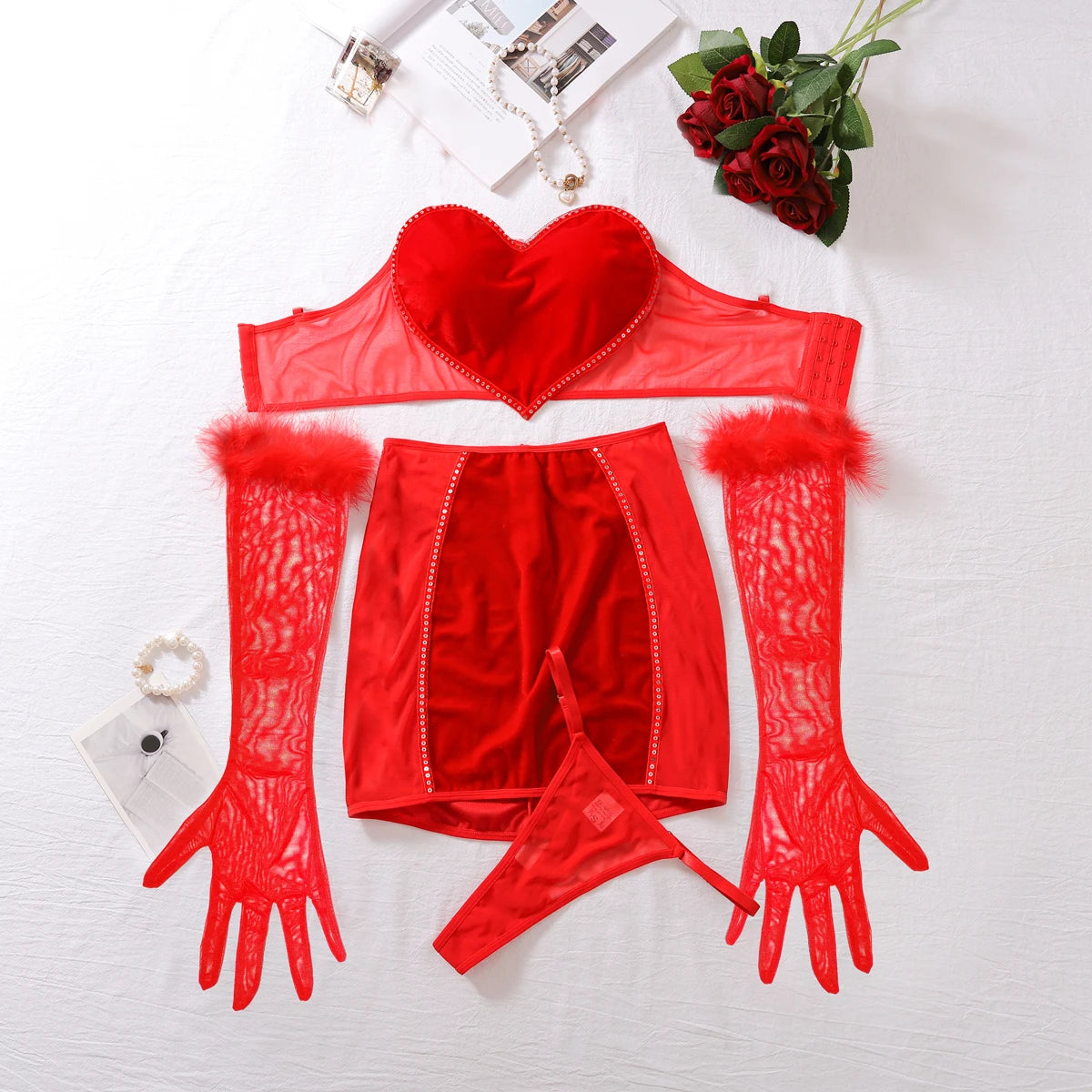 Luxury Lingerie Sexy Red Strapless Love Vest Wrap Hip Dress Set Comfortable See Through Mesh Erotic Four Piece Set
