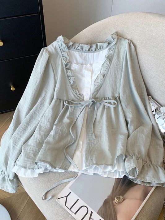 Korean Casual Sweet Fungus Lace Collar Women's Shirt Top Autumn New Women Fashion Fake Two-Piece Lace Up Long Sleeved Shirt