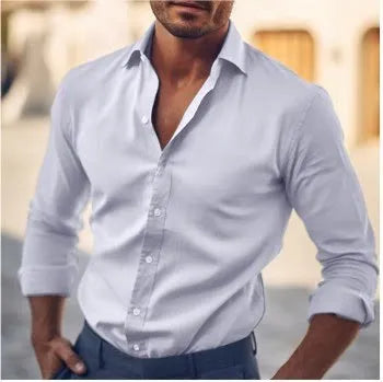 Men's Solid Color Long Sleeve Shirt Autumn Button Loose Fit Casual Breathable Top Men Fashion Basic Shirts