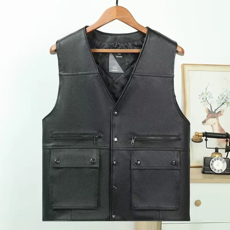 Winter fur Large piece of Genuine Leather Motorcycle Vest Mens Fit Real Cowhide Leather Waistcoat Bikers Vest sleeveless jacket