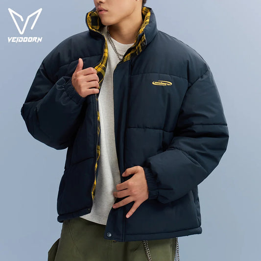 Veidoorn Unisex Short Parka Coat with Stand Collar Warm Thermal Puffer Jacket for Winter Puffy Outdoor Streetwear