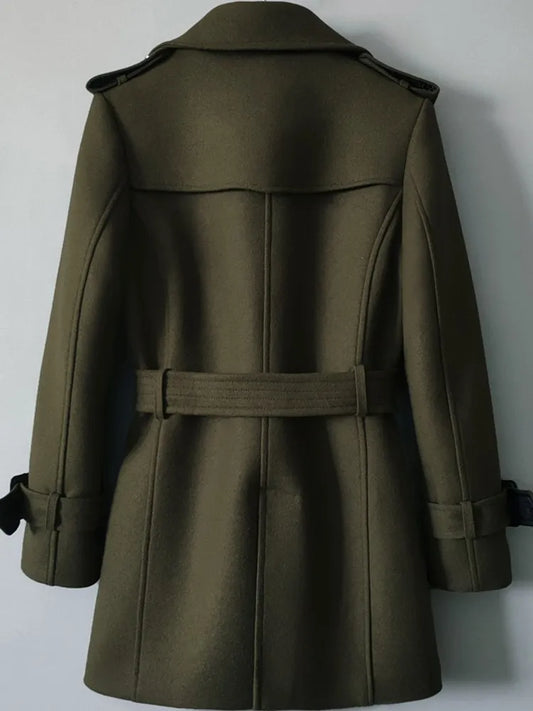 Men Mid Long Woolen Blends Coat Belted Double Breasted Wool Trench Spring New Business Work Windbreaker Classic Outwear Overcoat