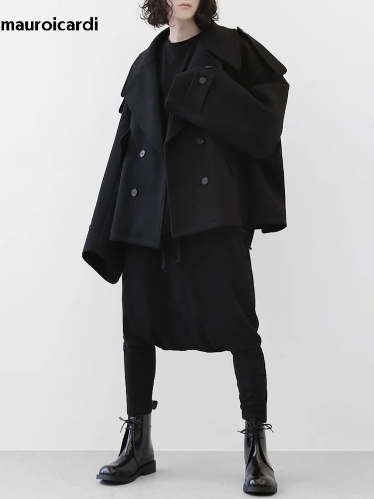 Mauroicardi Autumn Winter Warm Oversized Black Woolen Coat Men Cool Loose Luxury Dark Academia Aesthetic Vintage Clothes 2023
