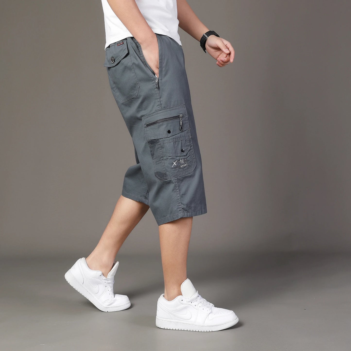 Summer Zipper Pocket Workwear Shorts Mens Knee Cargo Pants 2026 Cotton Shorts Men Climbing Jogger Elastic Waist Sports Work Wear