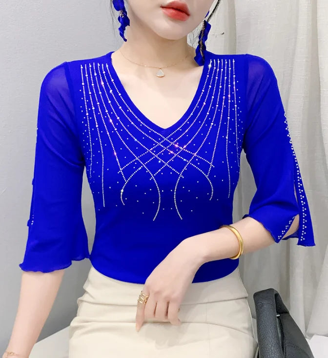 2026 Summer Women Tops New Korean Fashion Diamond Mesh T Shirt V-neck Short Sleeved Patchwork Lace Shirt