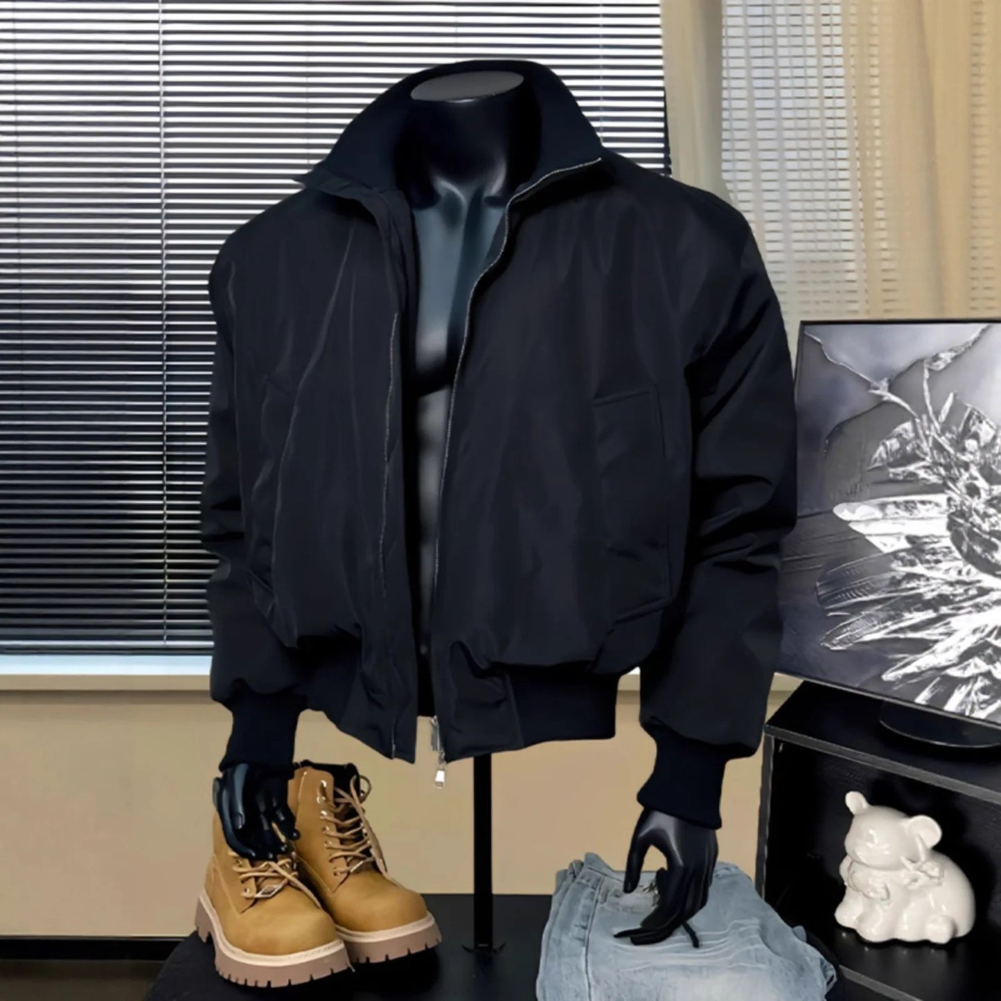 Navy Blue MA1 Flight Jacket Men's Premium Sense Stand-Up Collar Cleanfit Short Shoulder Padded Jacket Mens Jacket