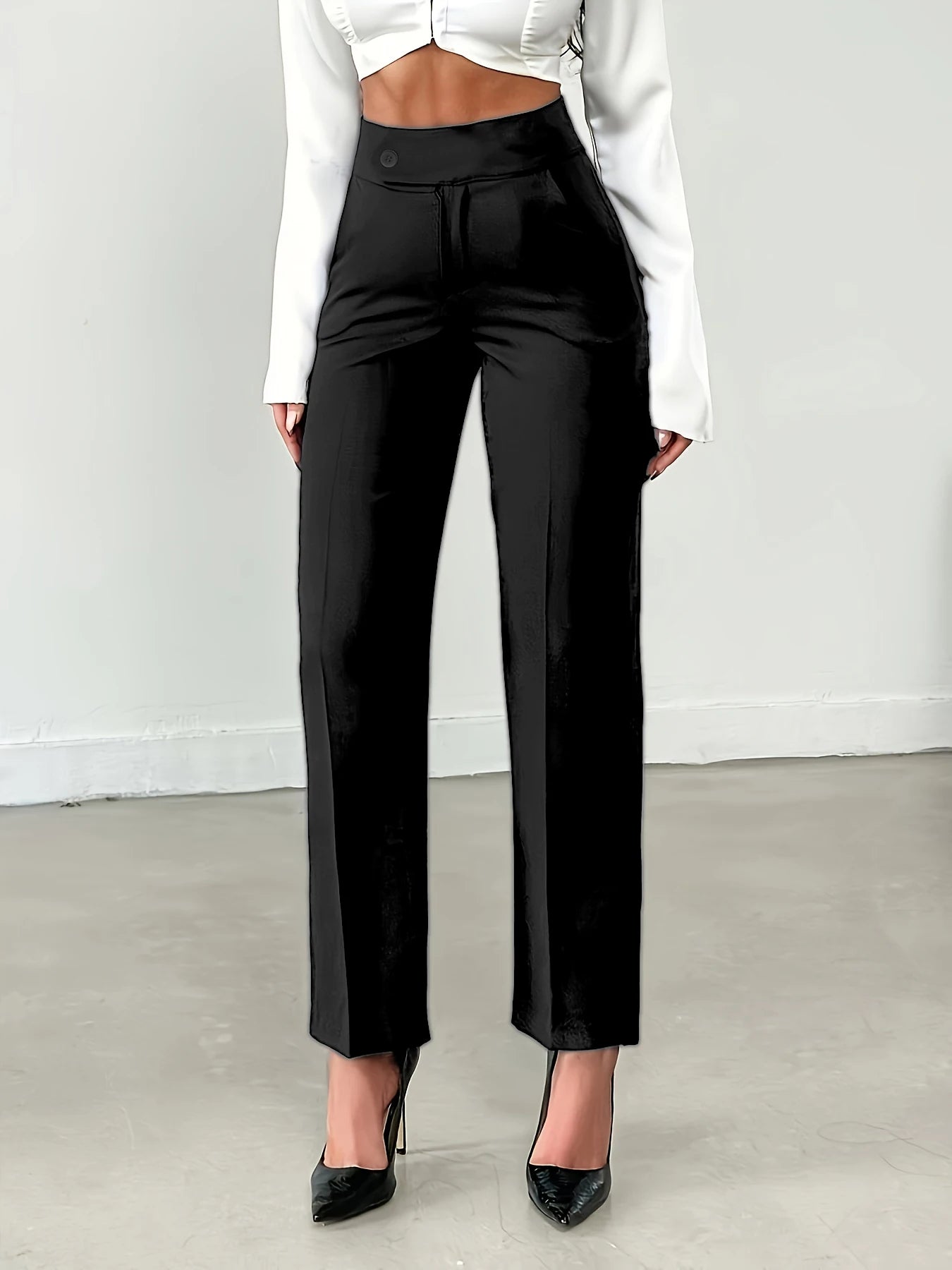 Women's Brown High Waist Straight Suit Pants | Euro Style Draped Flattering Office Work Cropped Trousers, Versatile