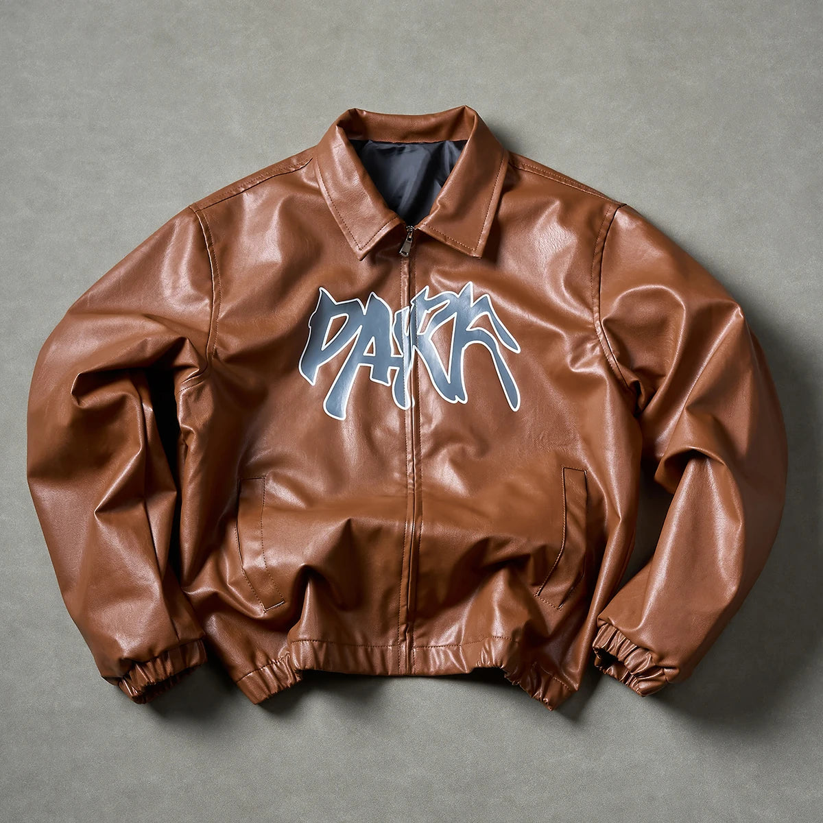 Men's High Street Faux Leather Jacket Retro Windproof Warm Coat Men Letter Print Lapel Collar Motorcycle Street Style Outerwear