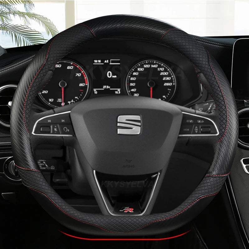 Carbon Fiber+Leather Car Steering Wheel Cover Non-Slip 38cm For Seat Tarraco Arona Ateca Ibiza Toledo Mii Leon Arosa Exeo ST FR