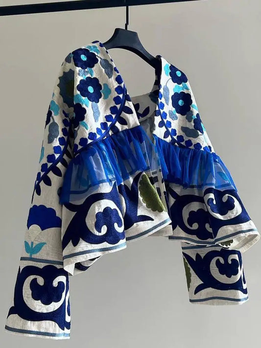 Unique Beautiful Early Spring Women's Blue Embroidered Open Cardigan Jaet Faionable Holiday Sle Commute Loose Fit Long ...