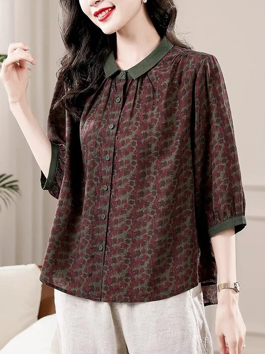 Retro plus Size Women's Shirt Loose Fit Floral Print Seven-Quarter Sleeve Cover up Top Summer New Arrival Collar Button ...
