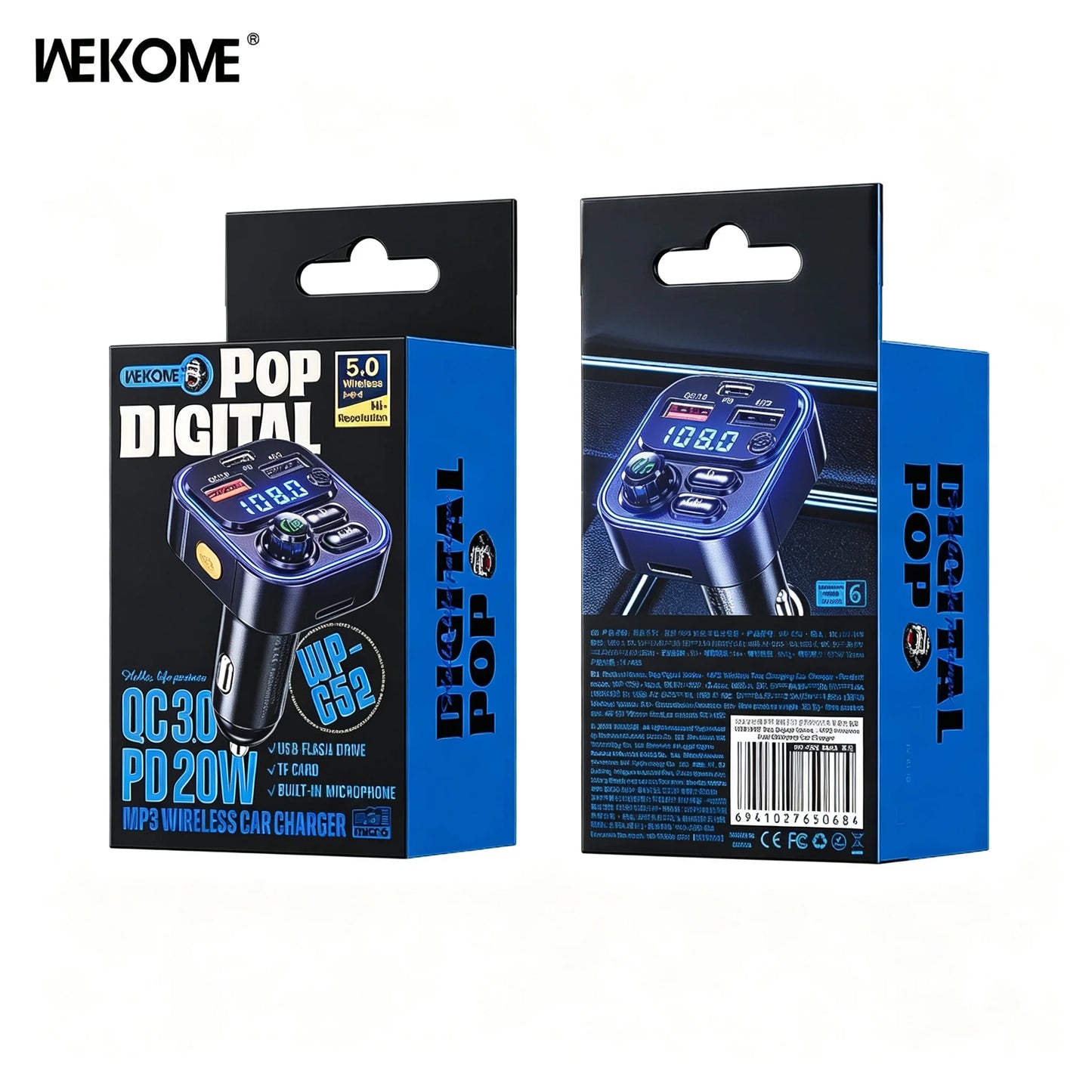 WEKOME Dual USB Fast Charging 7 Color LED Atmosphere Light Bluetooth Hands Free Car FM Transmitter with U Disk TF Card Playback