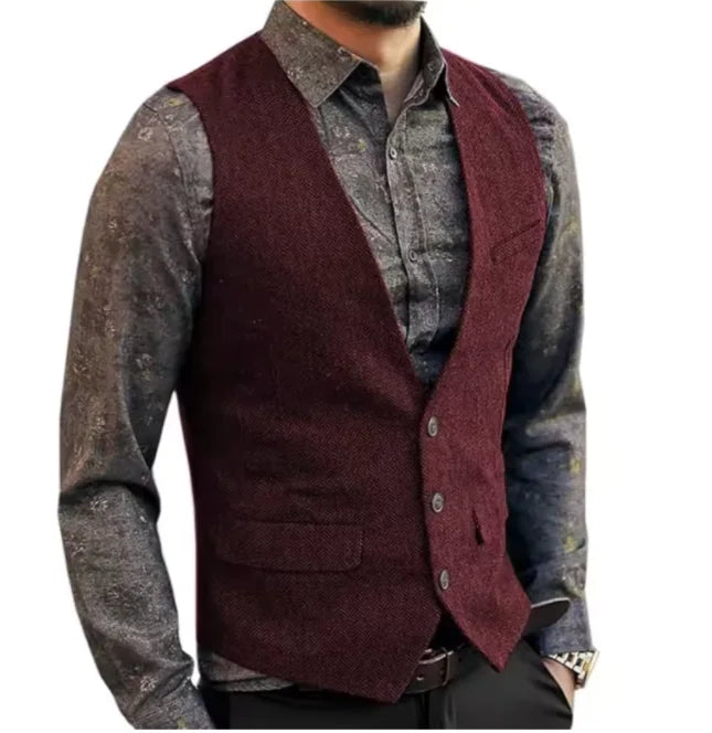 CustomizedMen's Elegant Loden Vest - Traditional Sleeveless Gilet w/ Brocade Pocket Square | Anthracite Grey Wedding Waistcoat,