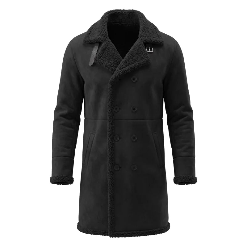 Men’s Winter Fleece-Lined Jacket Thickened Faux Fur Windproof Coat Double-Breasted Belted Trench Outdoor Hunting Hiking Male