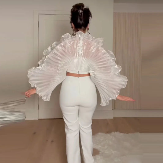 Couture Female Jacket Folded Women Top Long Sleeves Pretty Top Draped See Through Birthday Jacekt Puff Sleeves Girls Top