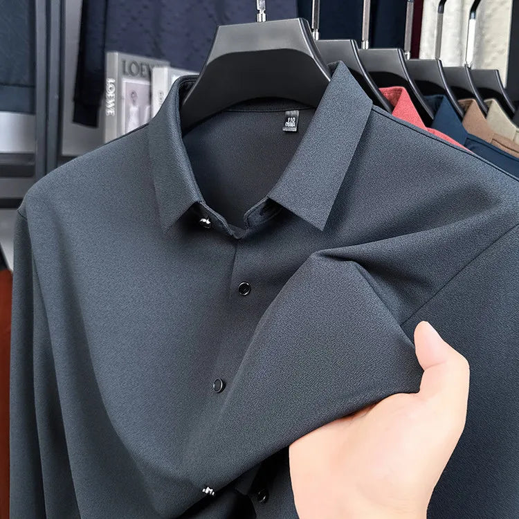 Men's Wool-Blend Dress Shirt Charcoal Gray Business Essential Seamless Technology Non-Iron & Tailored Collar All Season Comfort