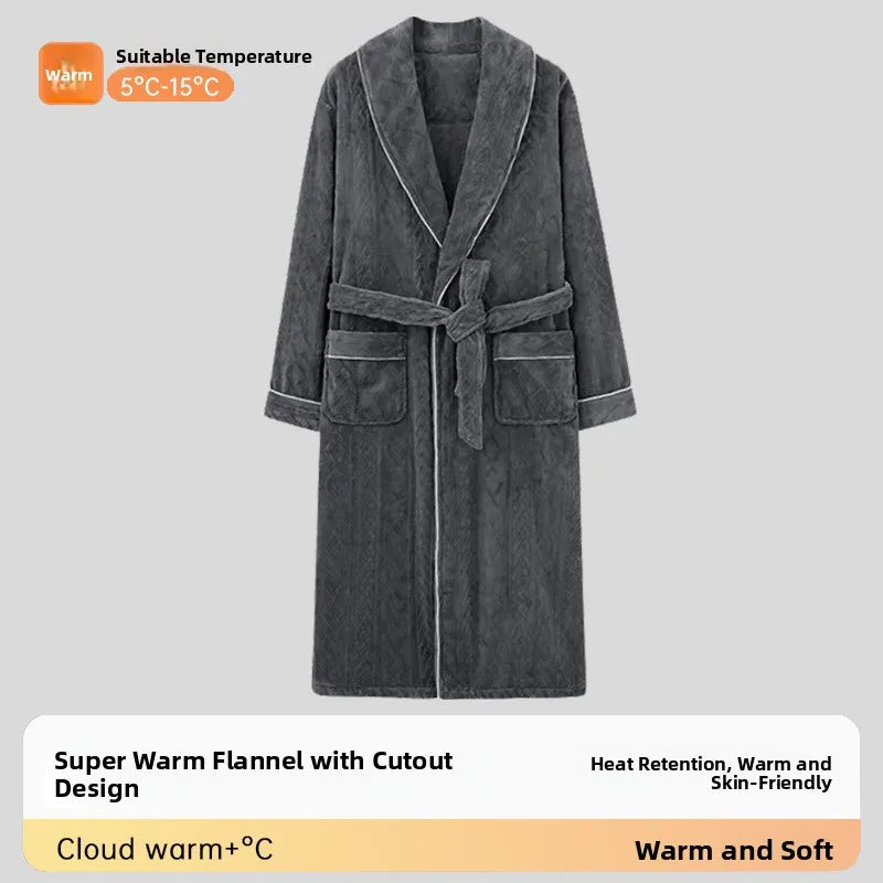 Men's Thickened Flannel Robe Autumn Winter Home Clothes Sleepwear Warm Long for Couple Fleece Lined Bathroom Gown