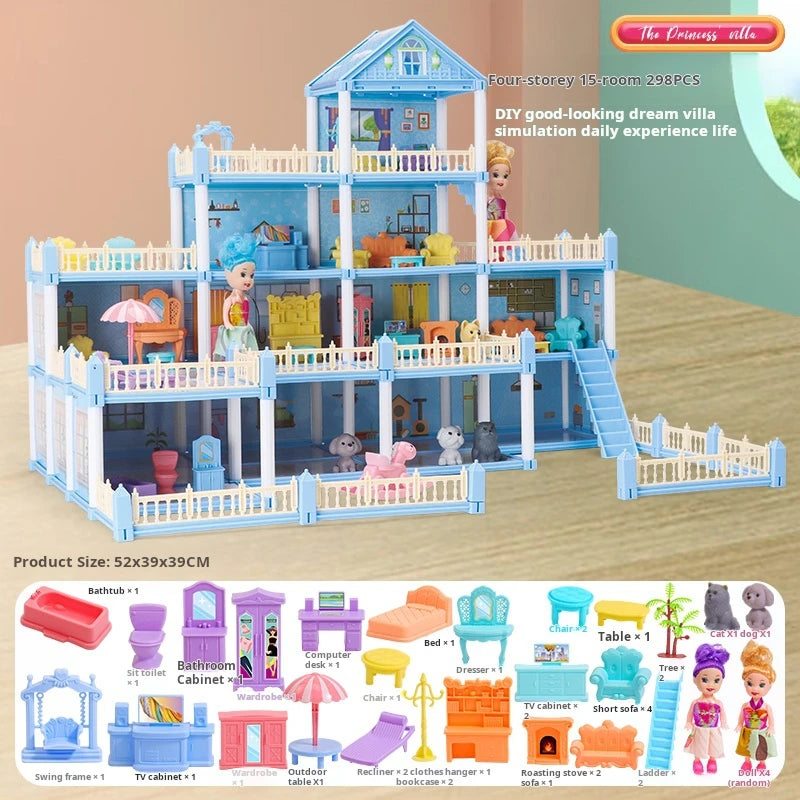 3D DIY Dream Princess Castle Villa Assembly Doll House Set Toy Girl Family Toy Children's Music Doll House Assembly Villa House
