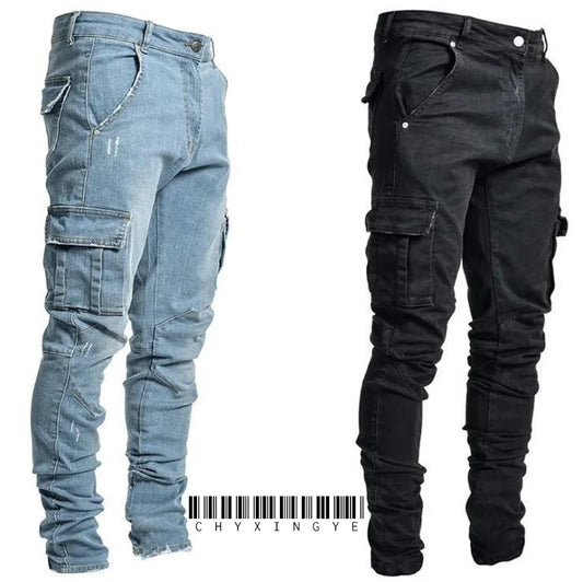 Mens Stretchy Skinny Ripped Jeans Men Side Pocket Washed Slim Denim Pants Biker Jeans Fashion Sweatpants Hip Hop Trousers Jogger