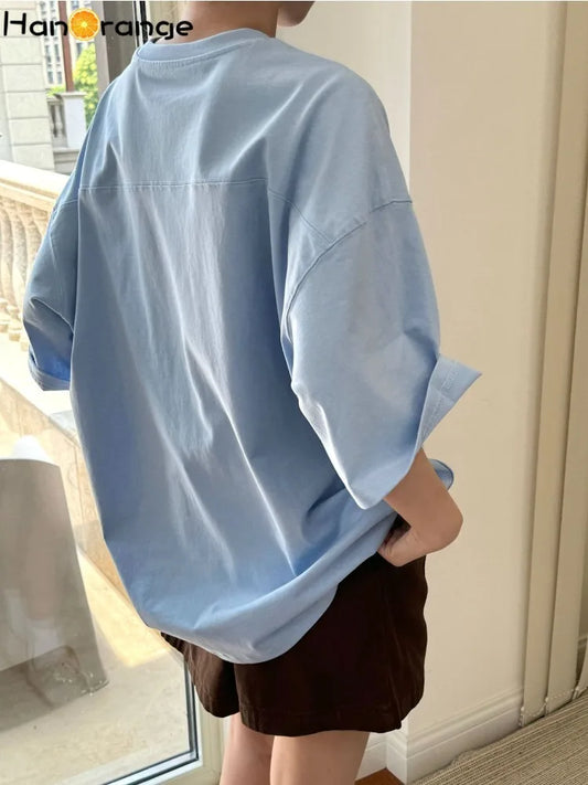 HanOrange 2026 Summer Minimalist Silhouette Short Sleeve Cotton T-shirt Women Loose Relaxed Casual Top Tees White/Yellow/Blue