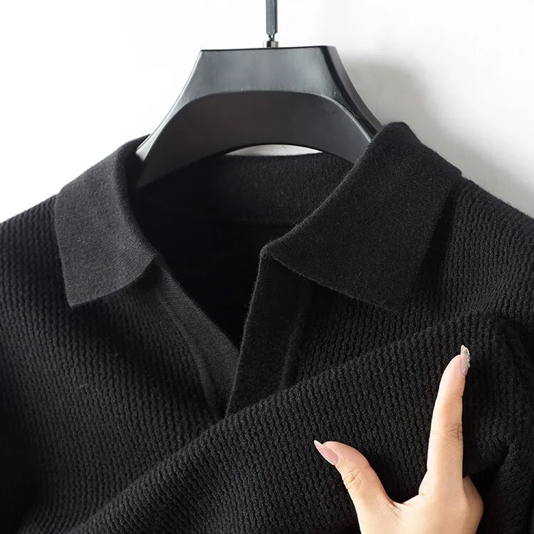 New Men's Shirt Collar Sweater, Business Slim Cashmere Textile Polo Top, Gentleman Thickened Warm and Simple Fashion Pullover