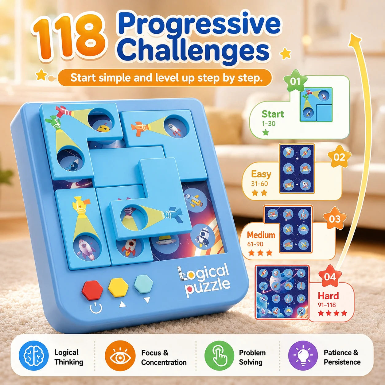 Space Rocket Logical Sliding Puzzle, Kids STEM Brain Teaser Educational Logic Desktop Game for Ages 4+