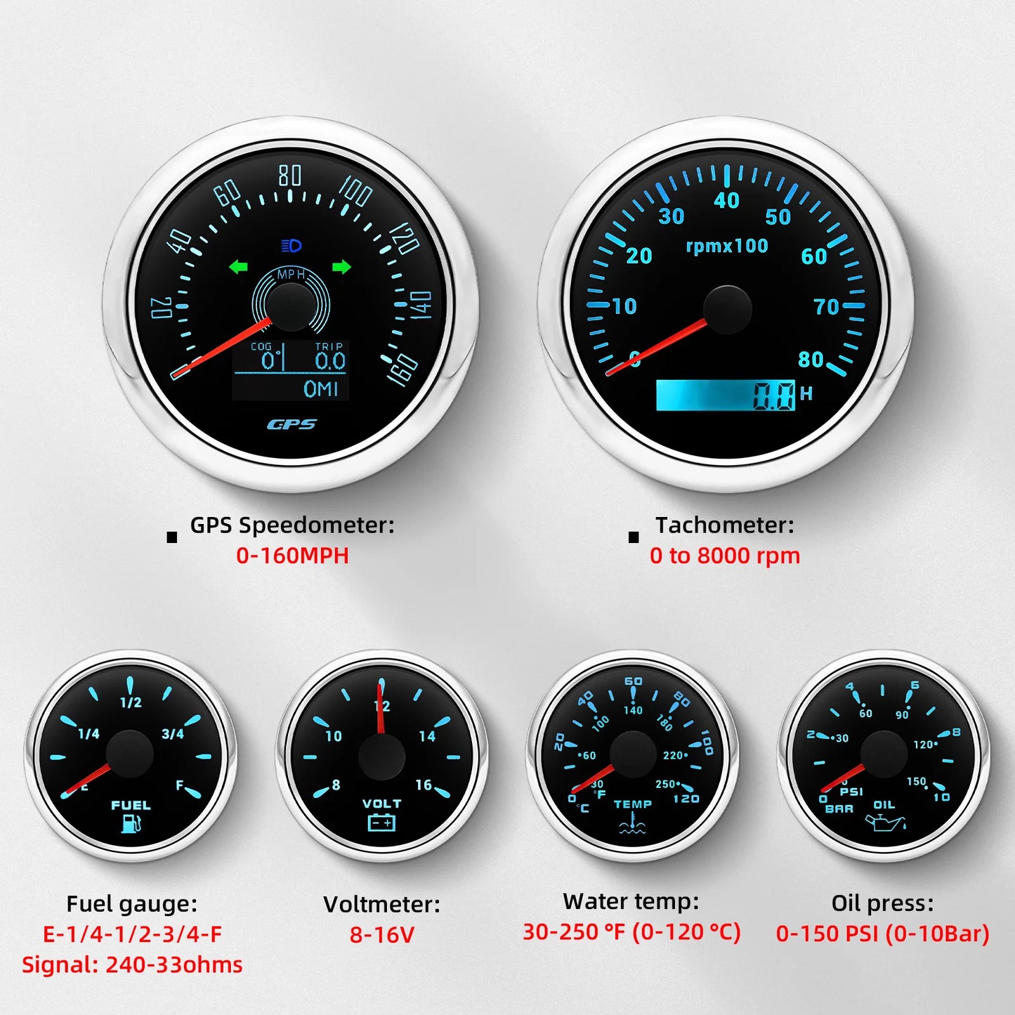 6 Gauge Kit 85mm GPS Speedometer 200KM/H Tachometer 8000RPM Fuel Level Water Temp 0-120β Oil Pressure Gauge 12V Voltage Meter