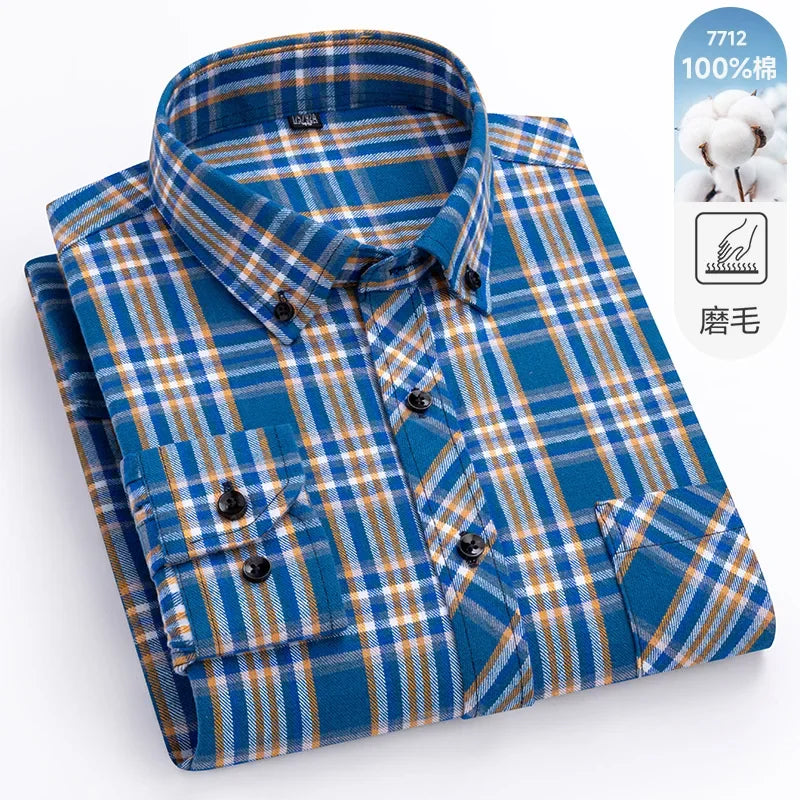 New Flannel Plaid Long Sleeve Men Casual Shirts Autumn Winter Fashion Plus Size Regular Fit Smart Dress Shirts Daily Clothes Top