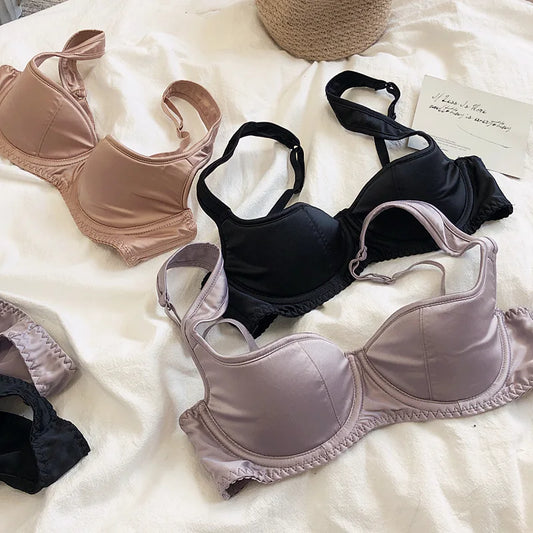 Sexy small half cup top support retro style niche underwear set bra glossy bralette with steel ring women lingerie panty suit