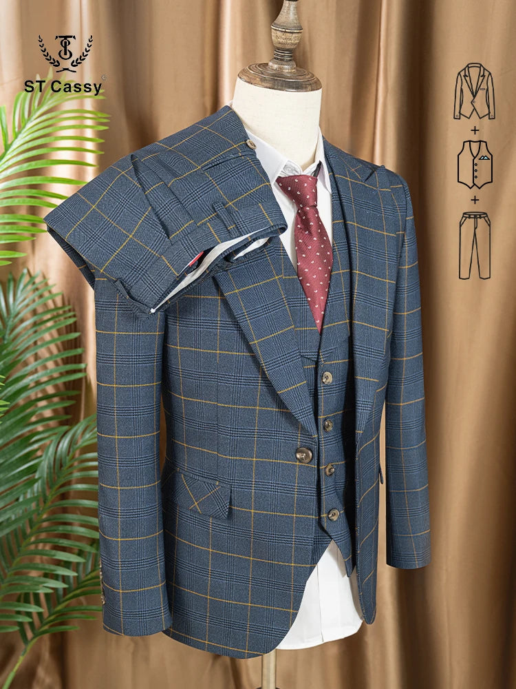 High Quality 3 Piece Checkered Suit Set Dark Blue Stylish Business Office Wedding Formal Outfit Elegant Full Man Dinner Suit