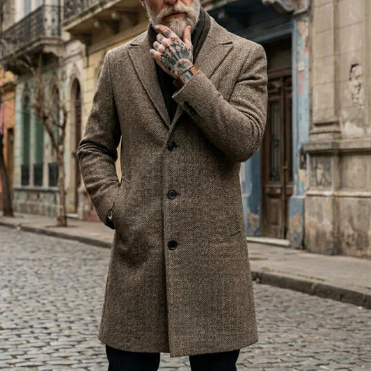 Fall/Winter Men's Striped Coat Street Casual Jacket Long Jacket Classic Pattern Wind Jacket Warm Outdoor Office Men's Clothing
