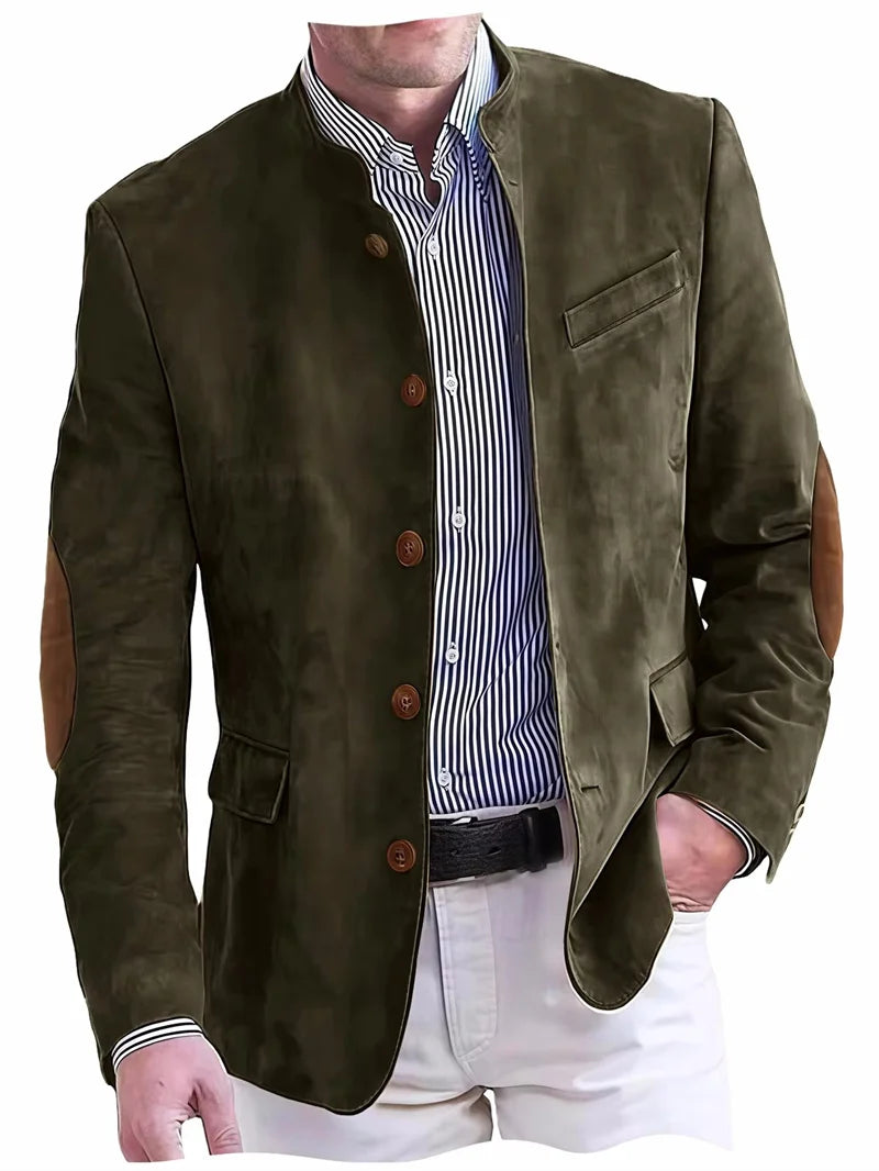 Men's Casual Blazer Flannel Suit Jacket With Elbow Patches Band Collar Brown Button Daily Casual Slim Fit Customized Business