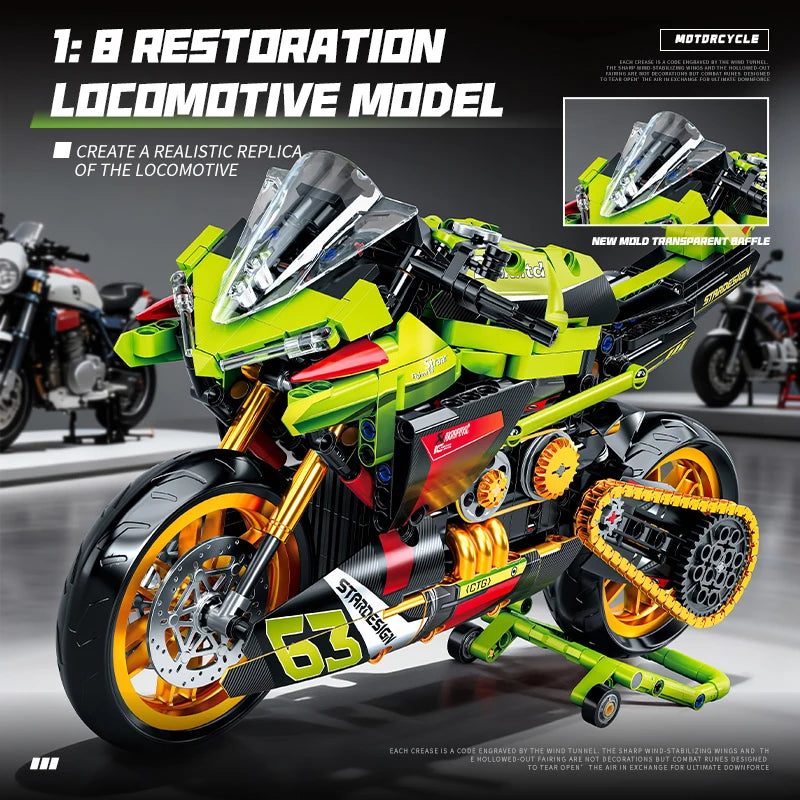 2026 Technical 1:8 City Green Motorcycle Building Blocks Set Super Motorbike Model Kit STEM Assembled Toys Gifts 14+ Adult