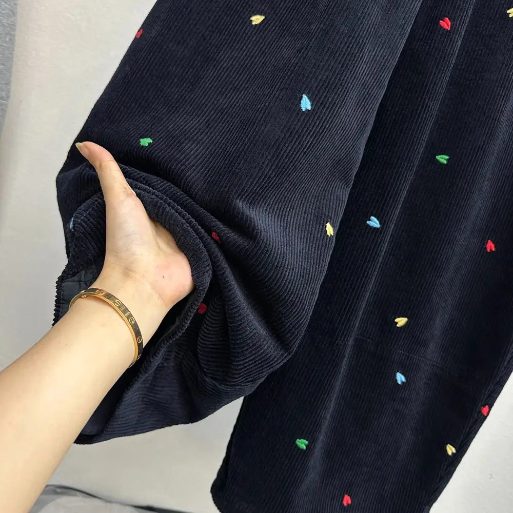 Fall Winter plus Size Fleece Lined Thick Corduroy Wide Leg Pants Women Casual Loose Heart Embroidery Knife Pants