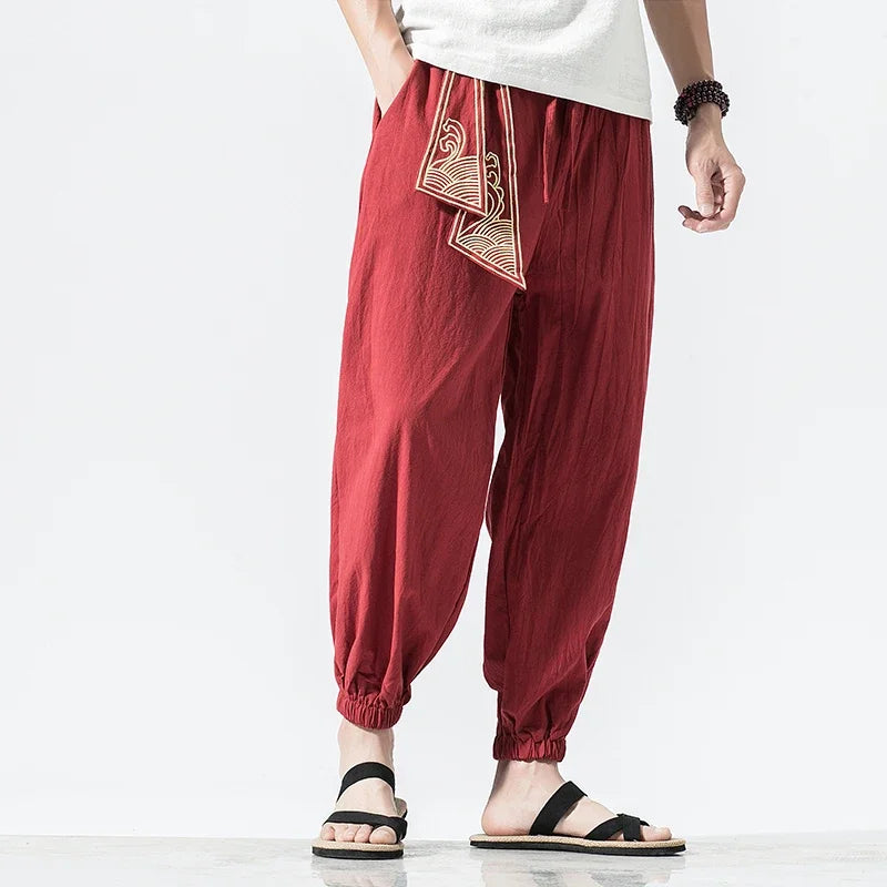 Kimono Men Cotton Linen Japanese Samurai Costume Ukiyo-e Print Belt Retro Harem Pants Mens Hip Hop Harajuku Haori Baggy Trousers