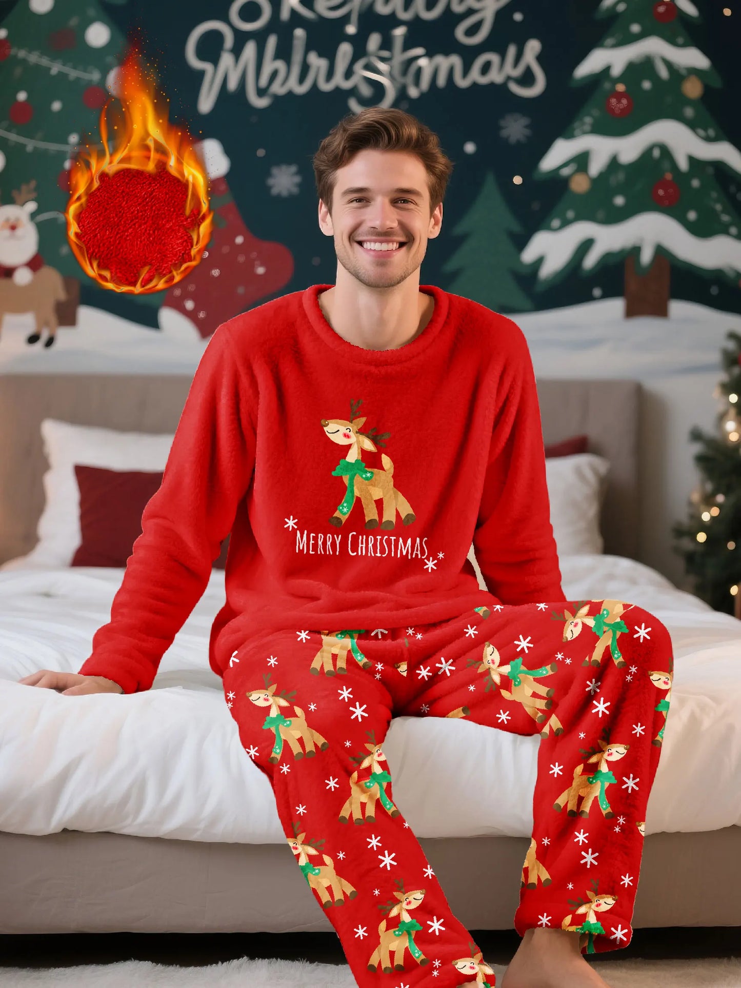 Men's Christmas-themed fleece pajama set, featuring a long-sleeve top and matching pants, comfortable and casual loungewear