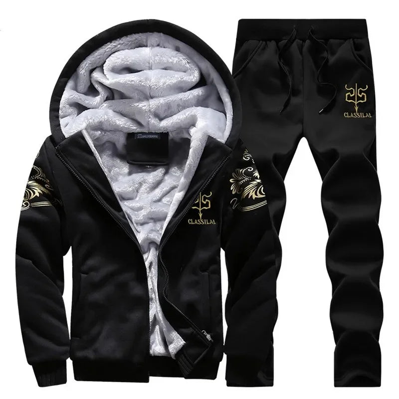 Winter Men Set Casual Warm Thick Hooded Jacket+Pants 2PC Sets Men Inner Fleece Hoodies Zipper Tracksuit Male Sports Suit Outwear