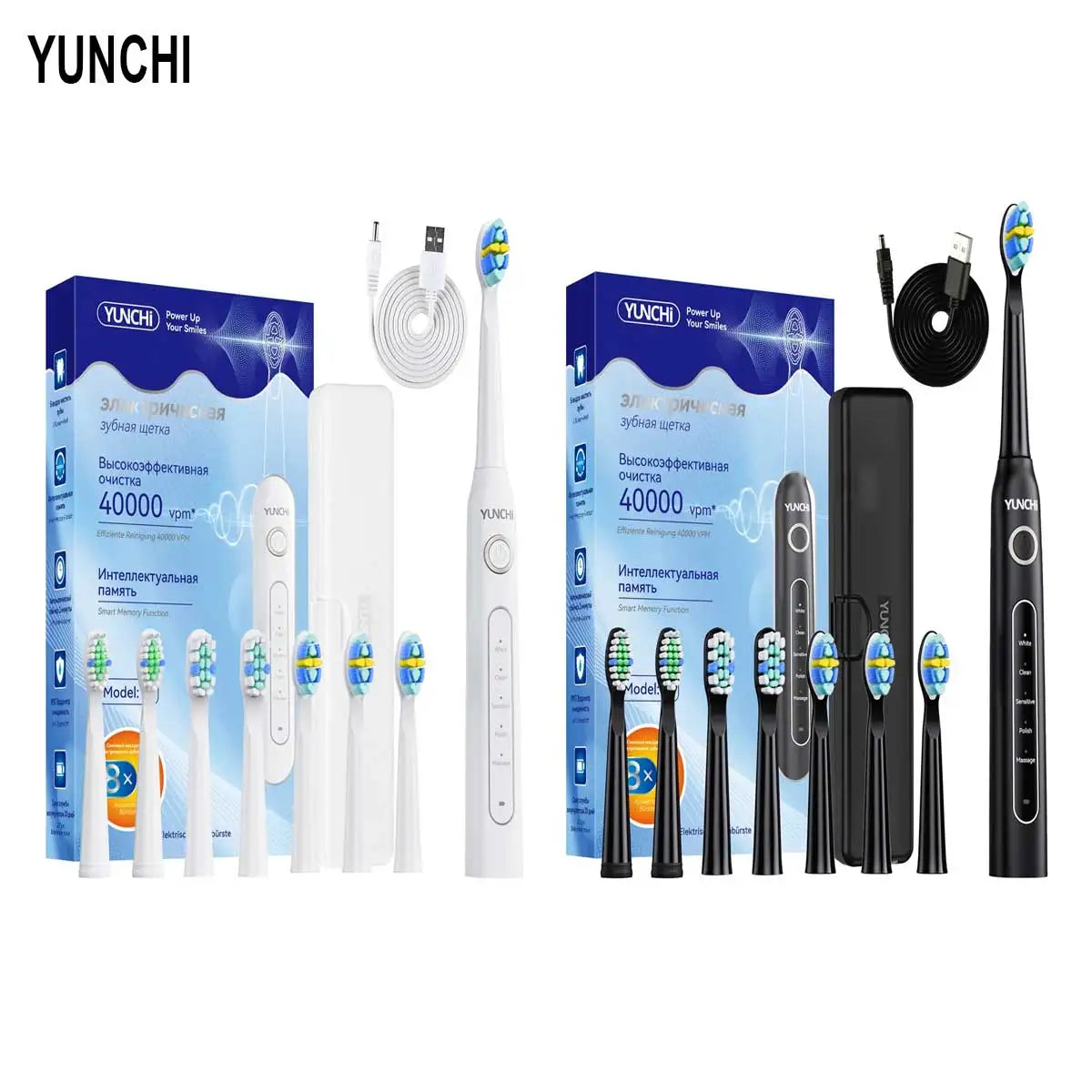 YUNCHI ultrasonic electric toothbrush with 5 operation modes and 40000 high-frequency vibrations.USB charging, waterproof