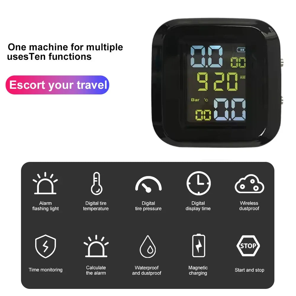 Motorcycle Tire Pressure Monitor Digital Display External Motorcycle Wireless Tire Pressure Detector With 2 External Sensors