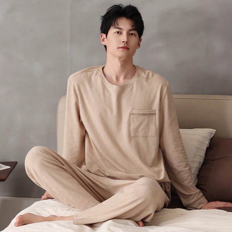 High Quality Autumn Men Pajamas Set Knited Cotton Casual Sleepwear Male Long Sleeve Pyjamas