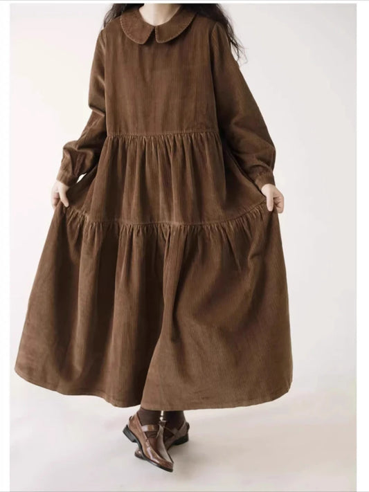 Autumn Winter Corduroy Dress Women Casual Dresses Fashion Female Vestidos Long Sleeve Vintage A-line Dress Women's Dresses
