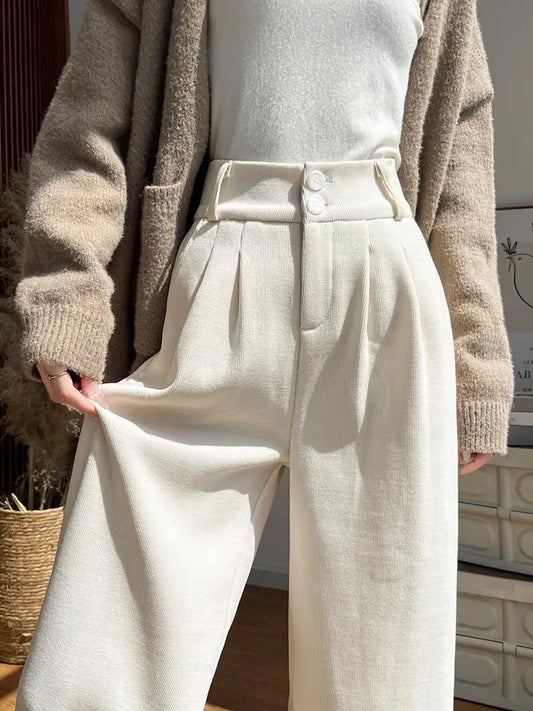 White Corduroy Wide Leg Pants Women's Autumn Winter Slim Straight Drapey Small Size Fleece Lined Suit Trousers