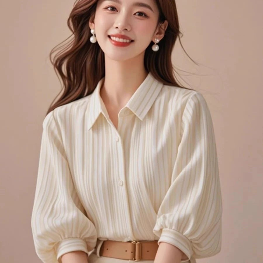 Elegant Collar Striped Shirt Women's Summer 2025 New Style Lantern Sleeve Commute Top Trendy Loose Fit Seven Sleeve