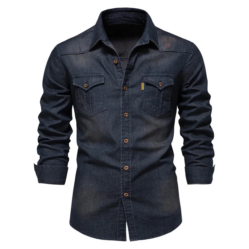 2025 Autumn Cotton Denim Shirts Men Casual Long Sleeve Quality Cowboy Shirt Solid Color Slim Fit Elastic Navy Blue Black Clothes
