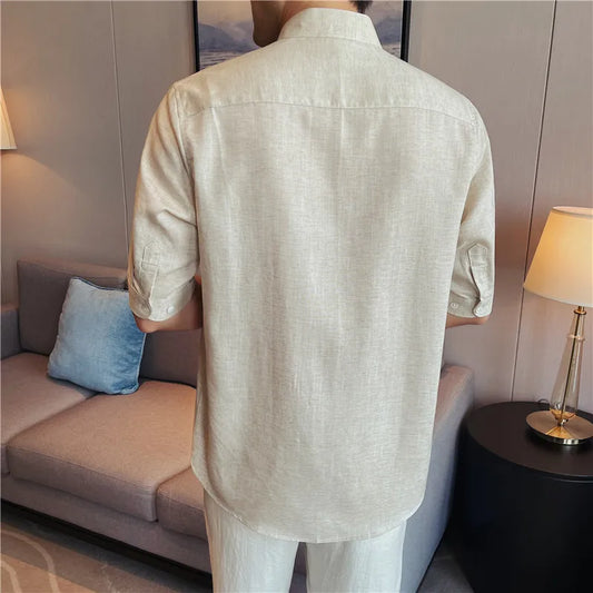 Men's Premium Linen Blend Mandarin Collar Shirt – 7A Antibacterial, Breathable & Cool-Touch Short Sleeve Button-Up