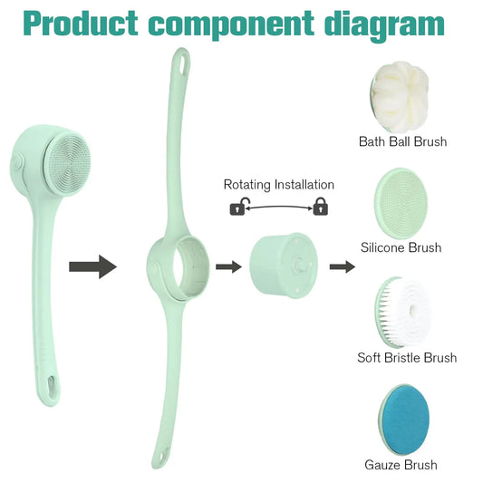 Electric Body Brush 4 Heads Waterproof Long Handle Shower Back Scrubber USB Rechargeable Exfoliating Bath Cleaning Brush