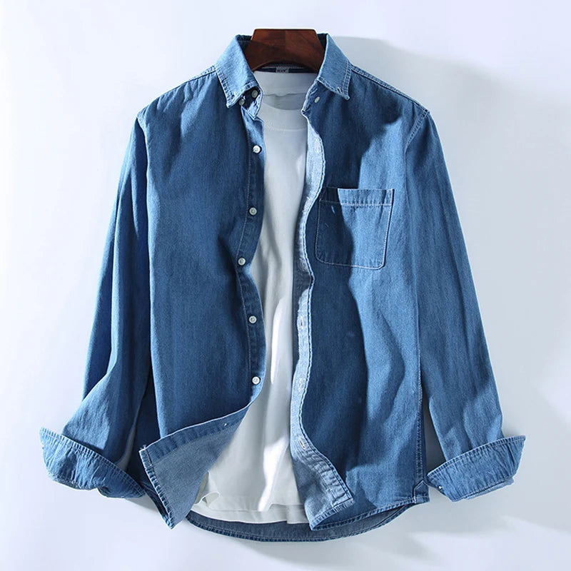 Loose Fit Pure Cotton Long Sleeve Men's Denim Shirt Spring Autumn Casual Style Vintage Trendy Top Outerwear Jacket
