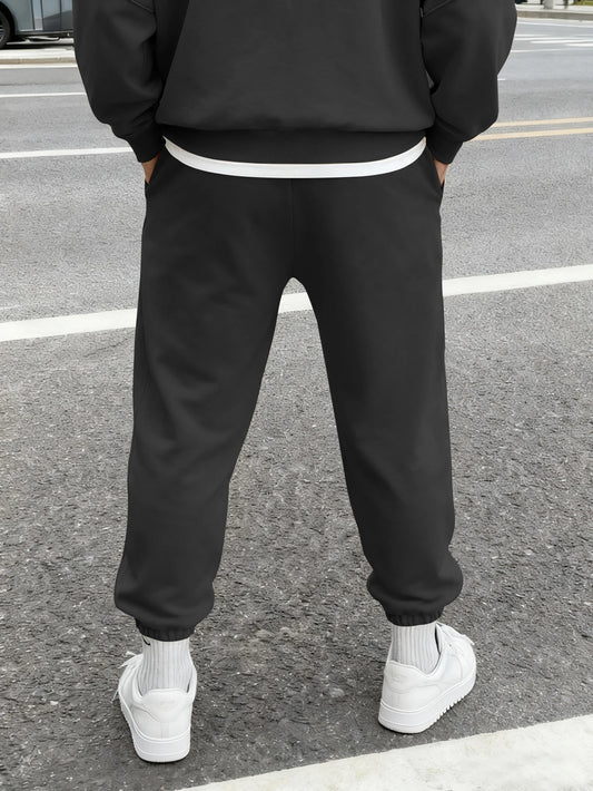 Men Retro Gothic Vertical Letter Flame & Planet Graphic Joggers Elastic Cuff Cozy Loose Fit Urban Casual Street Sweat Pants